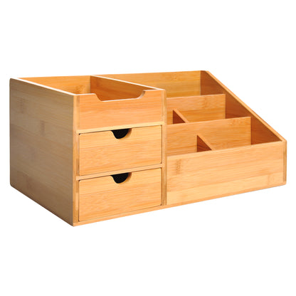 Natural Wood Organiser Holder Multi-Function Storage Caddy Drawers Home Office Stationary Supplies 7 Storage Compartments and 2 Drawers