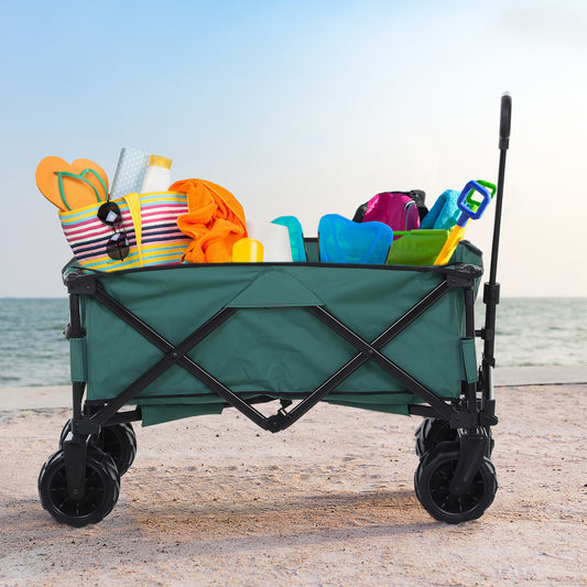 Outsunny Outdoor Pull Along Cart Folding Cargo Wagon Trailer Trolley  for Beach Garden Use with Telescopic Handle, Anti-Slip Wheel - Green