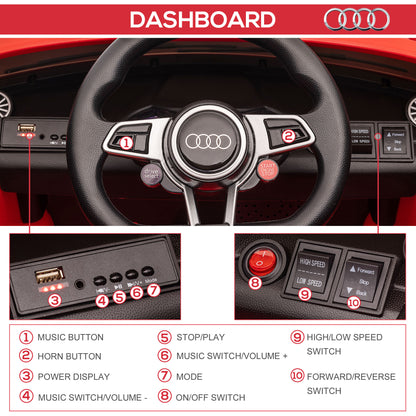 Audi TT RS 12V Rechargeable Battery Ride On Car With Remote, Forward Reverse Lights Horn - Red