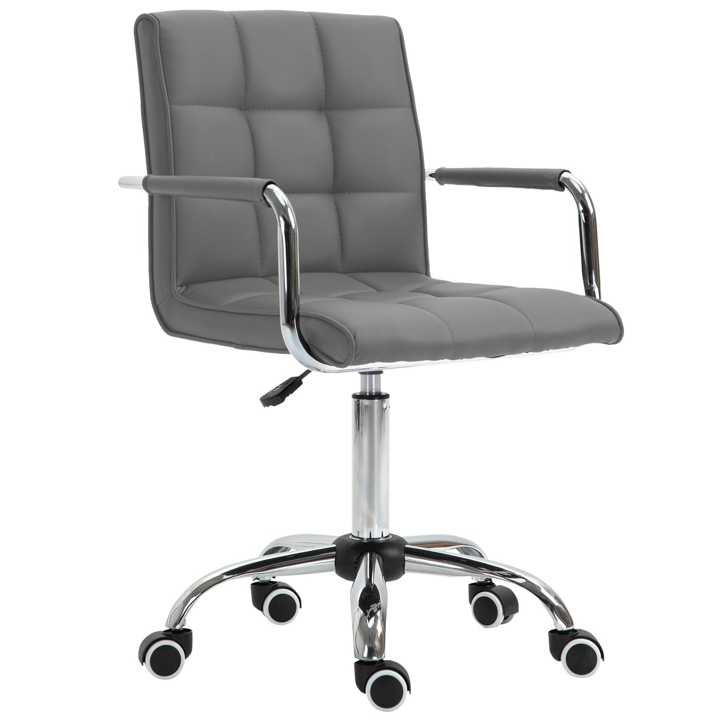 Mid Back PU Leather Home Office Chair | Fixed Armrests | 360° Swivel | 5 Wheels | Height Adjustable 84-99cm | 45x39cm Seat | 120kg | Grey