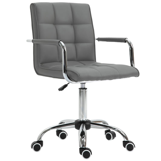 Mid Back PU Leather Home Office Chair | Fixed Armrests | 360° Swivel | 5 Wheels | Height Adjustable 84-99cm | 45x39cm Seat | 120kg | Grey