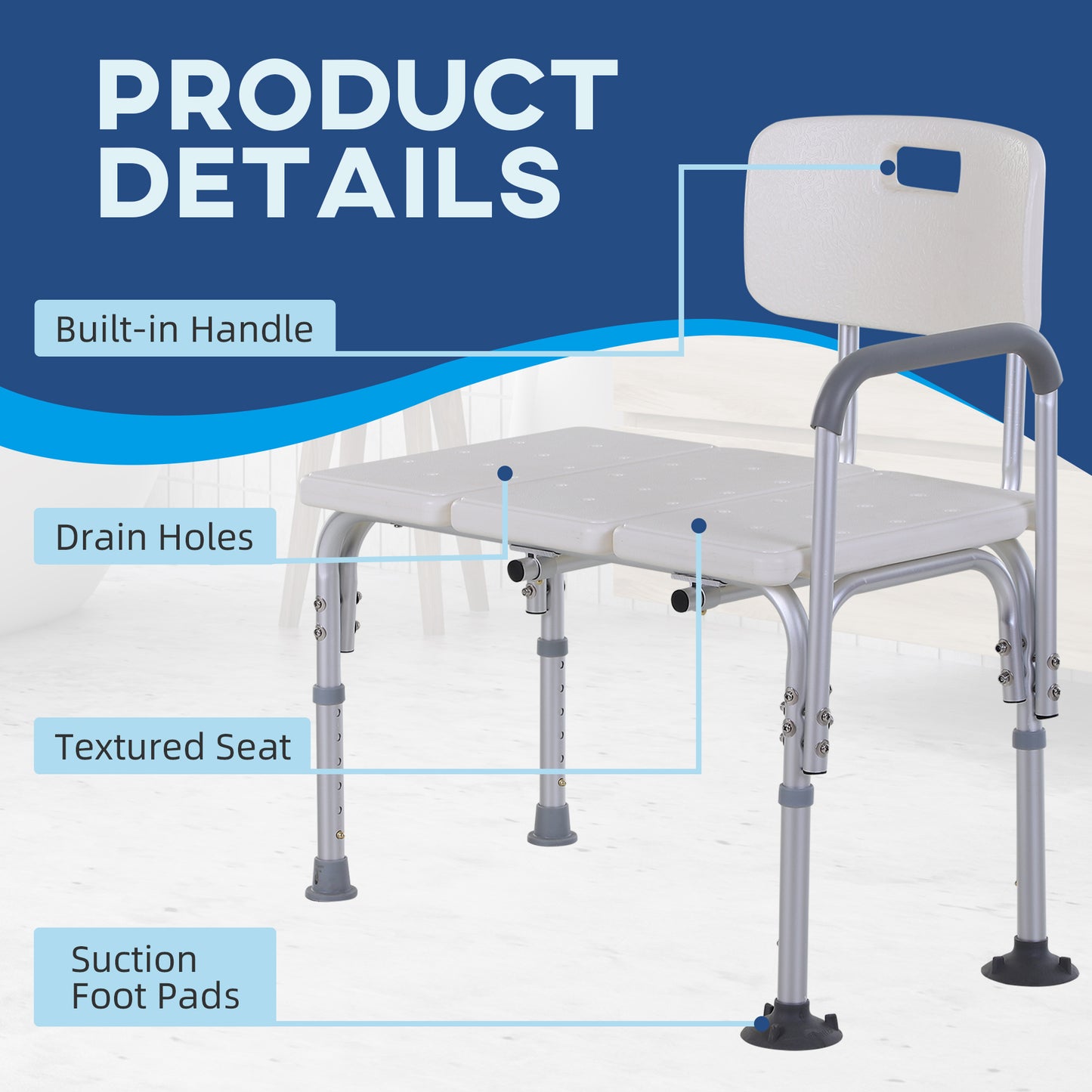 Height Adjustable Shower Chair Bath Bench With Armrest and Backrest - White