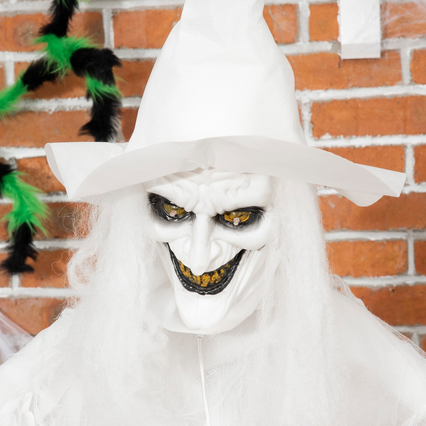72 Inch Halloween Decorations White Witch Holding Pumpkin Head, Standing Skeleton Ghost Prop Life Size, Motion Activated Light Up Eyes Body