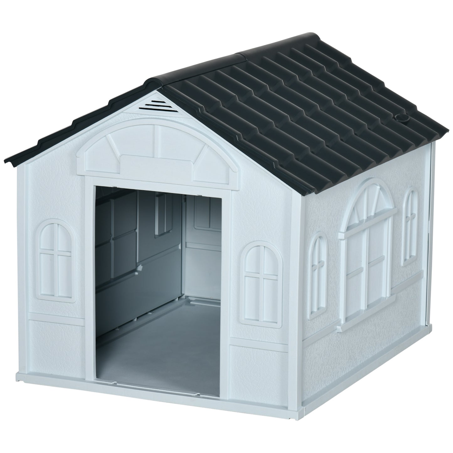 Plastic Dog Kennel House | Weatherproof | Slanted Roof | Cottage Windows | No-Tool Assembly | Medium Dogs up to 20kg | 65 x 75.7 x 63cm | Grey