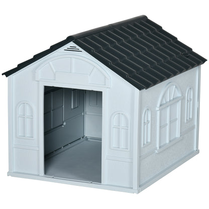 Plastic Dog Kennel House | Weatherproof | Slanted Roof | Cottage Windows | No-Tool Assembly | Medium Dogs up to 20kg | 65 x 75.7 x 63cm | Grey