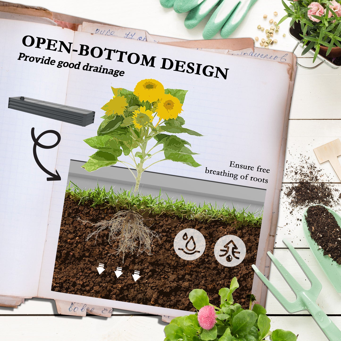 Large Galvanised Steel Raised Garden Bed | Powder-Coated | Open Bottom | Interior Support Brackets | 4 Protective Corners | Flat Safe Top | 240x60x30cm | Flowers Herbs & Veg | Dark Grey