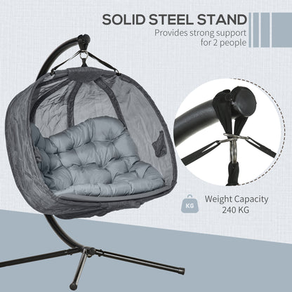 Outsunny Double Hanging Egg Chair 2 Seaters Swing Hammock Chair with Stand, Cushion and Folding Design, for Indoor and Outdoor, Grey