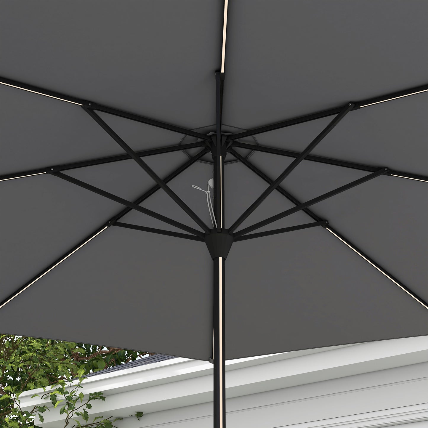 Outsunny Garden Parasol with LED Lights, Solar Charged Patio Umbrella with Crank Handle, for Outdoor, Charcoal Grey