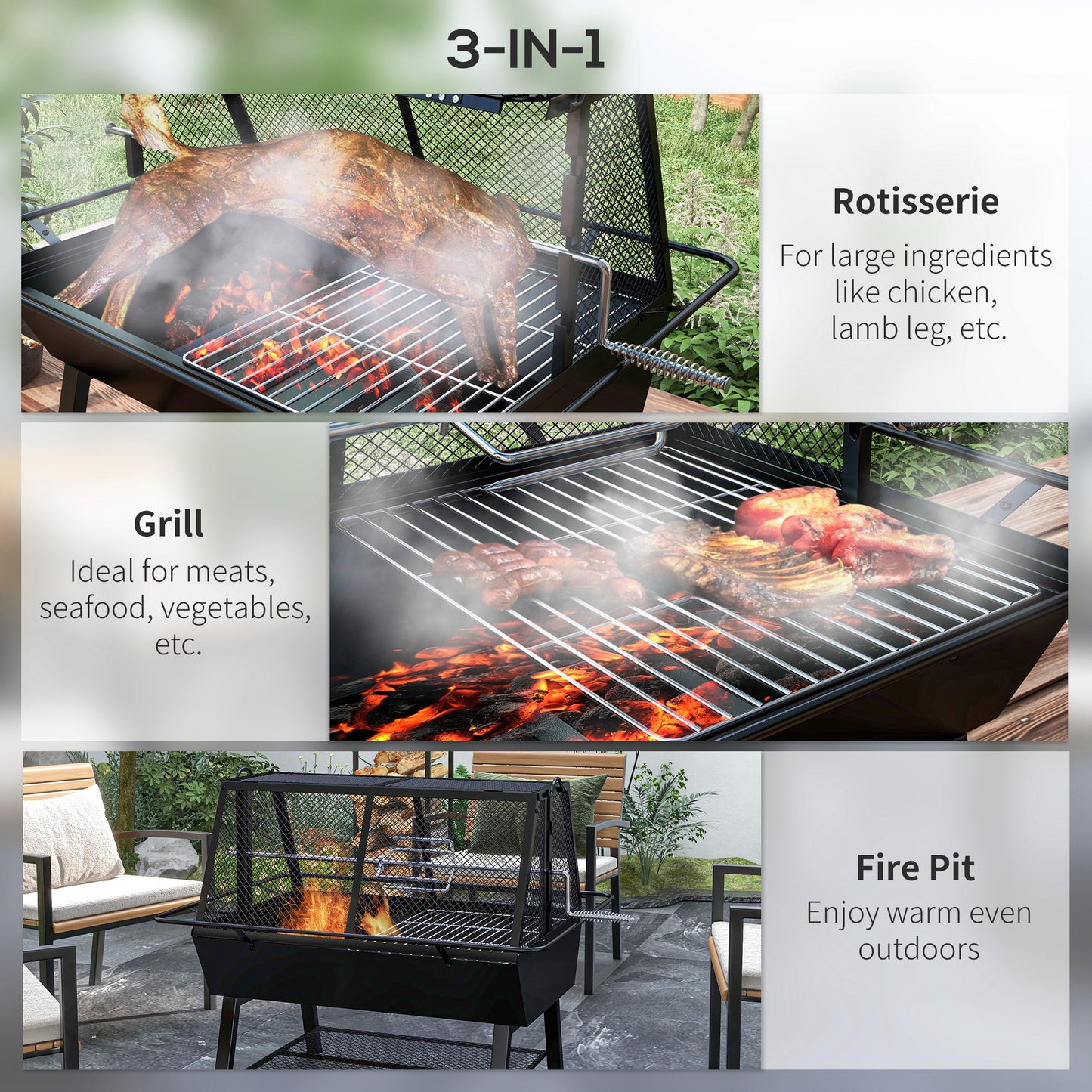 Outsunny 3-in-1 Charcoal Barbecue Grill, Rotisserie Roaster, Fire Pit with Storage Shelf and Mesh Lid