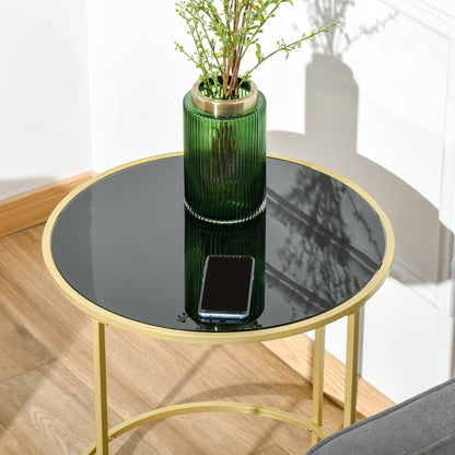 Round Side Table Modern Coffee Tables with Gold Metal Base, Table with Tempered Glass Tabletop, for Living Room, Bedroom, dining room