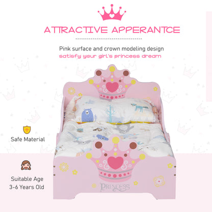 Kids Wooden Bed with Crown Modelling Safety Side Rails Easy to Clean Perfect Gift for Toddlers Girls Age 3 to 6 Years Old Pink