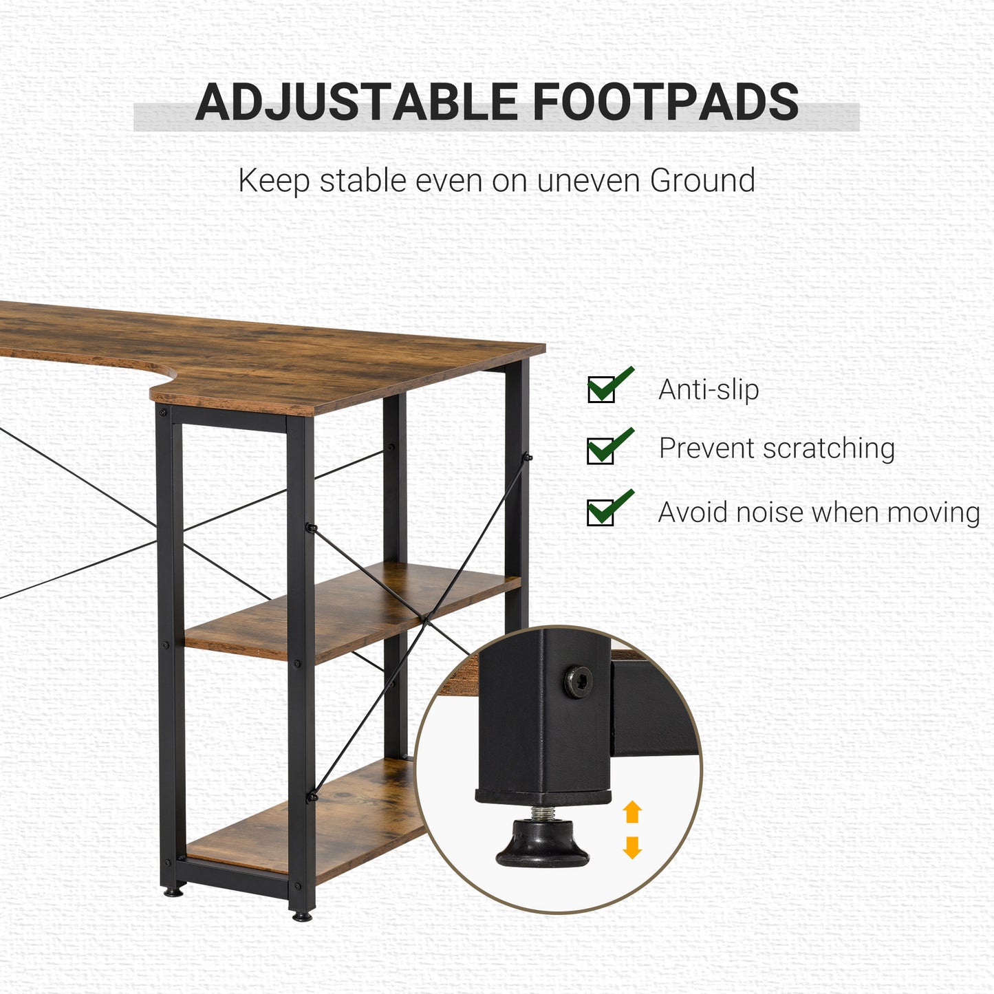 L-Shaped Computer Desk Home Office Corner Desk Study Workstation Table with 2 Shelves, Steel Frame, Rustic Brown