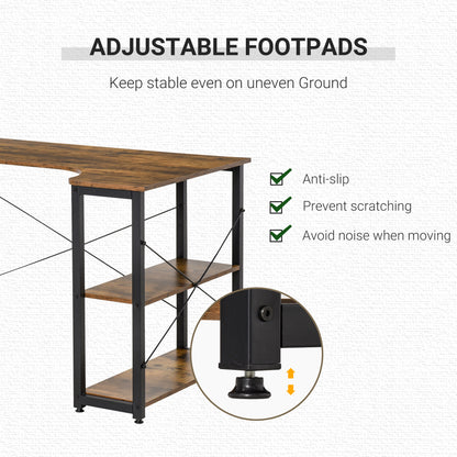 L-Shaped Computer Desk Home Office Corner Desk Study Workstation Table with 2 Shelves, Steel Frame, Rustic Brown