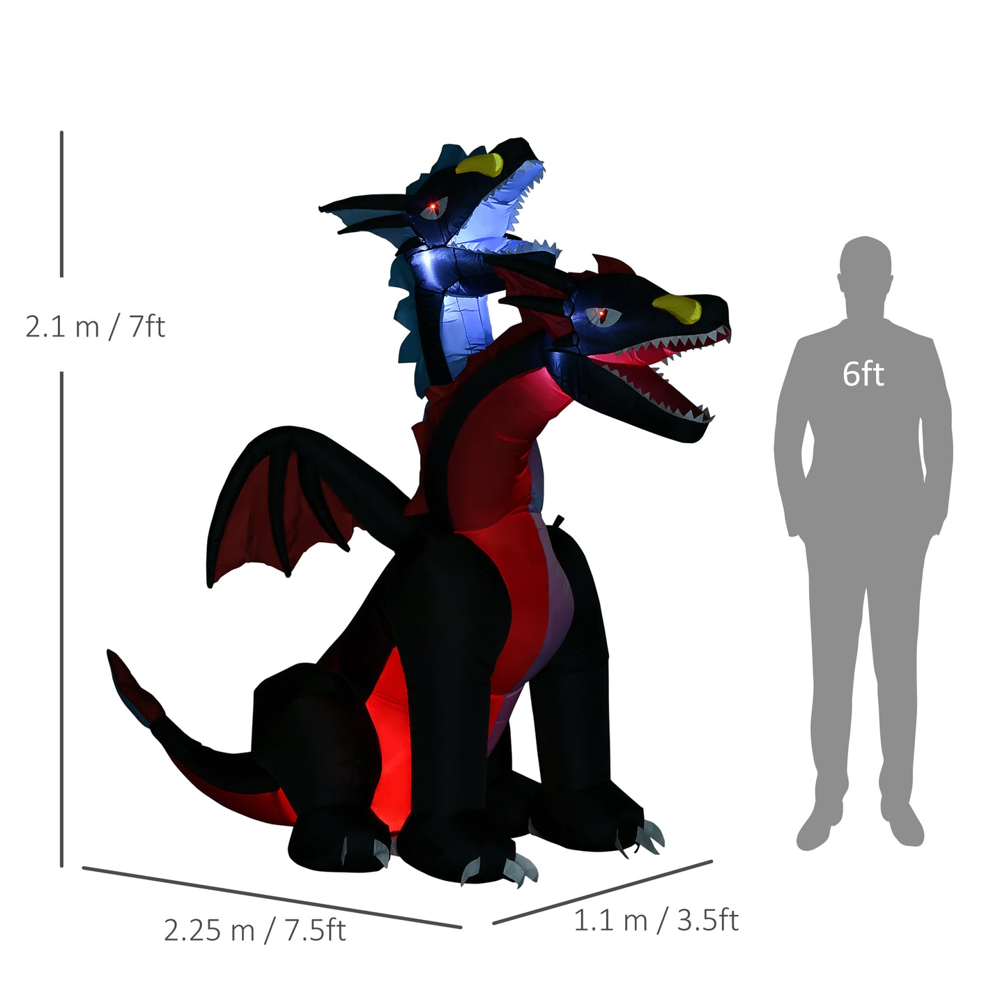 7FT Tall Halloween Inflatable Dragon with 2 Heads and LED Lights, Blow Up Halloween Party Decoration for Indoor Outdoor Yard Lawn Garden