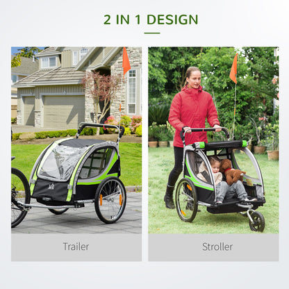 Child Bike Trailer 2 In 1 Baby Stroller 2-Seater Transport Carrier with Hitch Coupler, Brake, 5 Point Harness, Storage Bag, Reflector, Green
