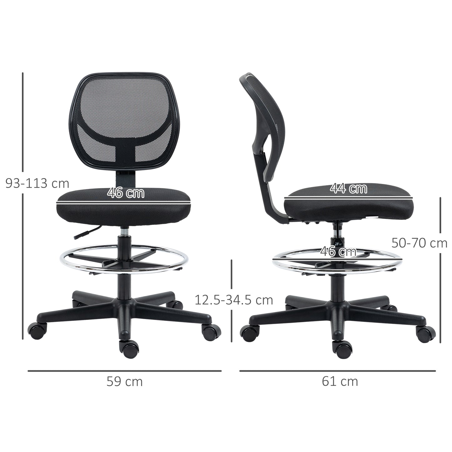 Ergonomic Draughtsman Chair for Standing Desk | Armless | Curved Mesh Back | Padded Seat | Adjustable Footrest Ring | Seat Height 50-70cm | 5 Wheels | 120kg | Black