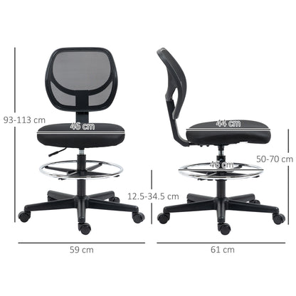 Ergonomic Draughtsman Chair for Standing Desk | Armless | Curved Mesh Back | Padded Seat | Adjustable Footrest Ring | Seat Height 50-70cm | 5 Wheels | 120kg | Black