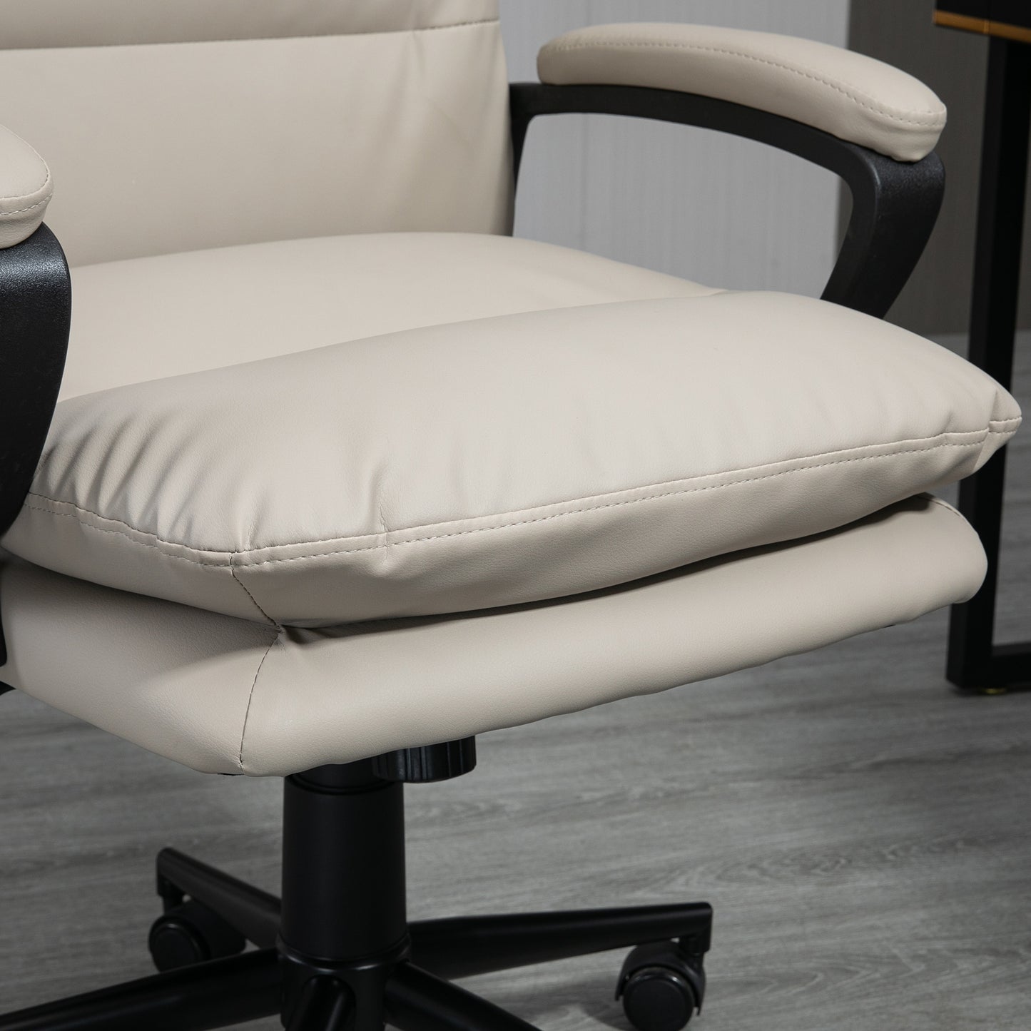 High Back PU Leather Office Chair | Double-Tier Padded Seat | Armrests | 360° Swivel | 5 Wheels | Height Adjustable 108-118cm | 51x43cm Seat | 120kg | Light Grey