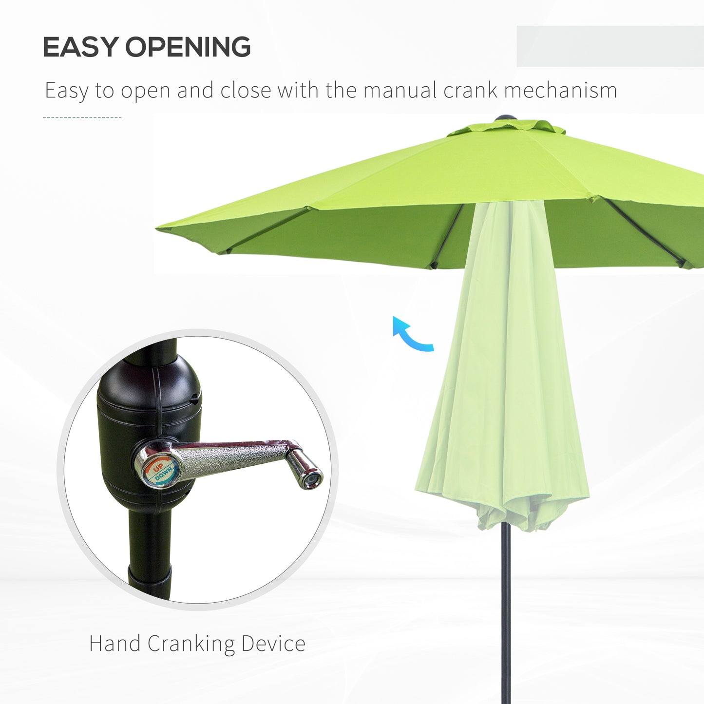 Outsunny 2.7M Patio Parasol Sun Umbrella, Tilt Shade Shelter Canopy with Crank 8 Ribs Aluminium Frame, Light Green