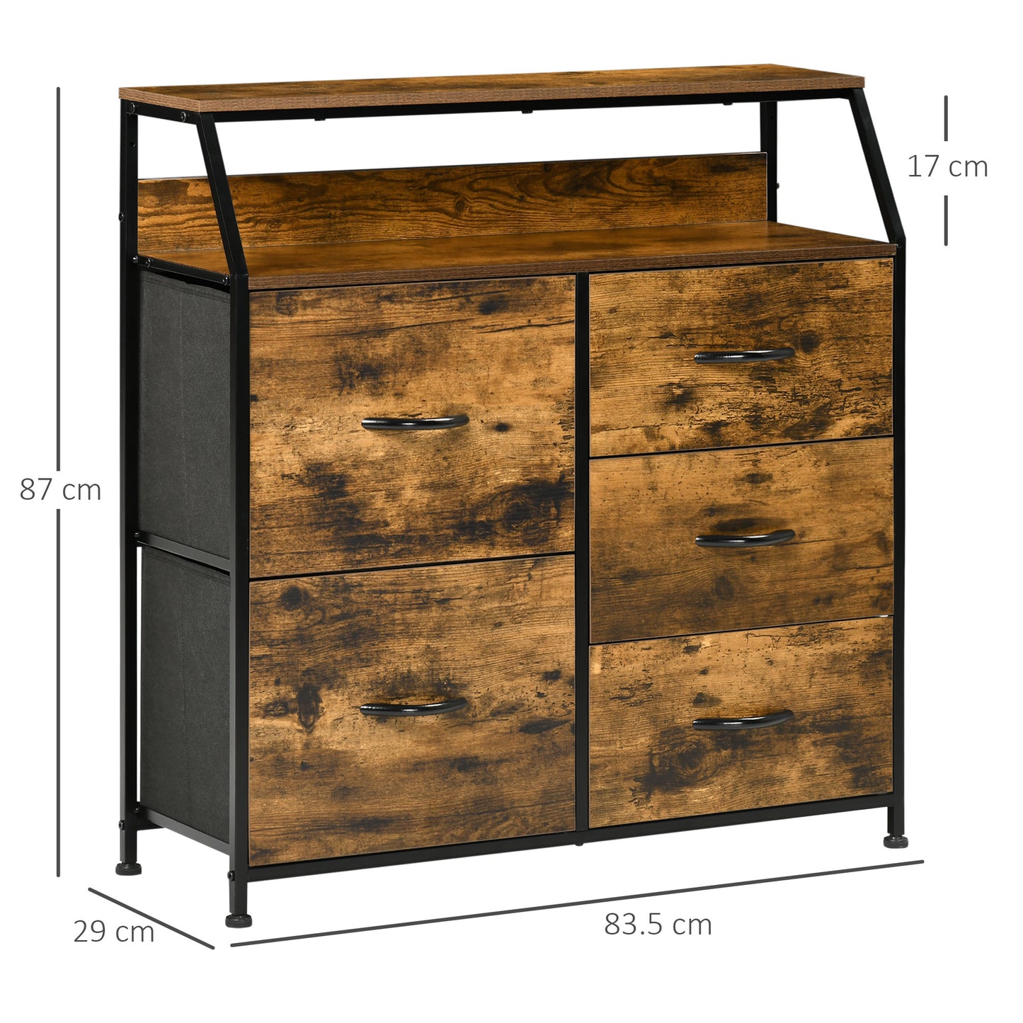 Chest of Drawers For Bedroom Industrial 5 Fabric Drawer Dresser with Open Shelf for Living Room, Rustic Brown