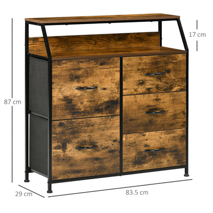Chest of Drawers For Bedroom Industrial 5 Fabric Drawer Dresser with Open Shelf for Living Room, Rustic Brown