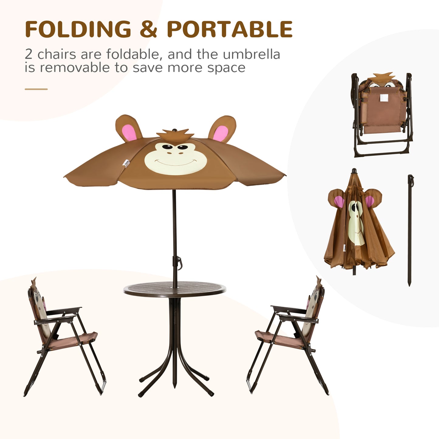Outsunny Kids Picnic & Table Chair set, Outdoor Folding Garden Furniture w/ Monkey Design, Removable, Adjustable Sun Umbrella, Ages 3-6 Years - Brown