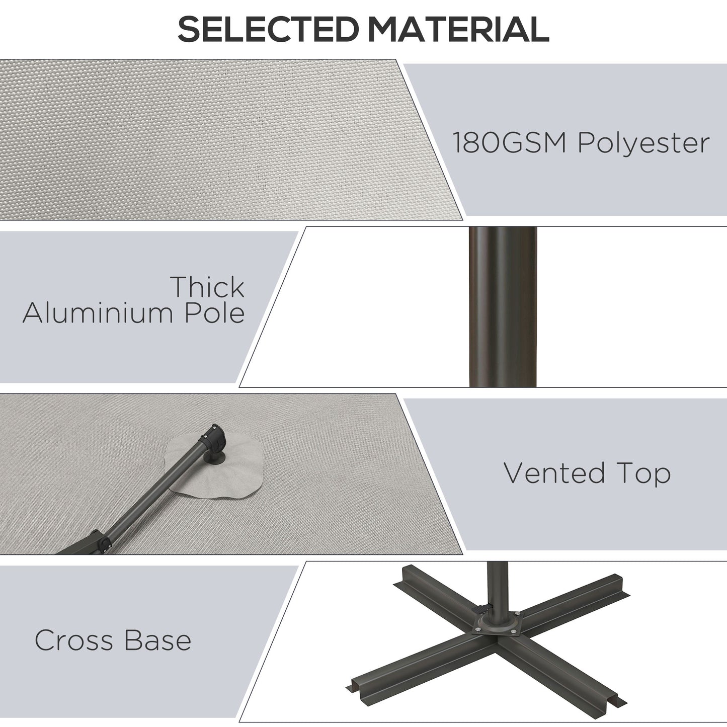 Outsunny 3 m Cantilever Banana Parasol with Cross Base, 360° Rotation Patio Umbrella with Crank Handle, Tilt, Light Grey