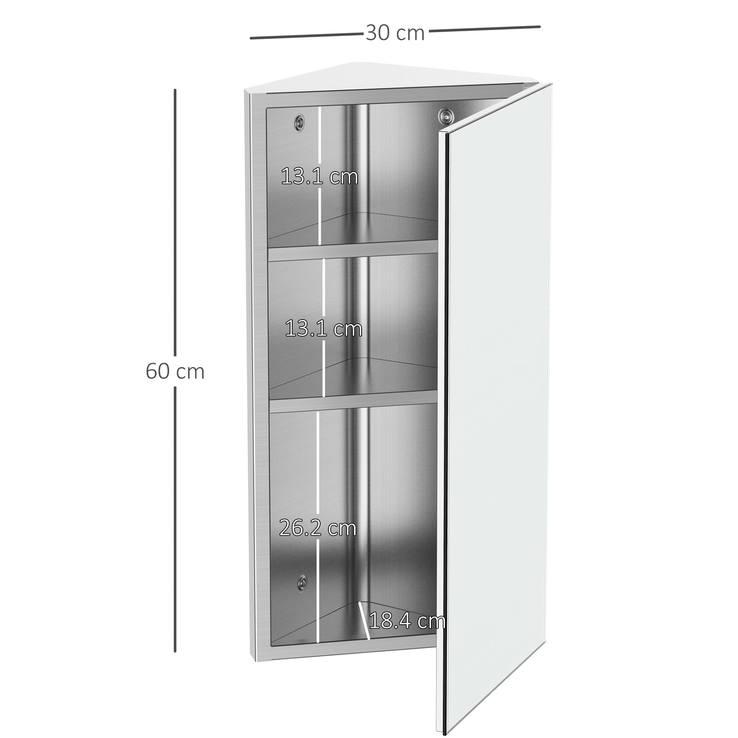 Mirror Cabinet for Bathroom Mirror Cupboard Corner Stainless Steel Wall mounted Single Door 300mm (W)