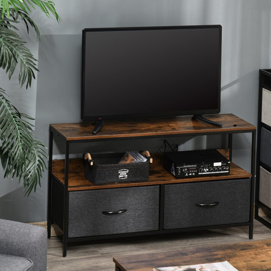TV Cabinet Console Unit With 2 Foldable Linen Drawers, TV Stand With Shelving For Living Room, Entertainment Room, Rustic Brown
