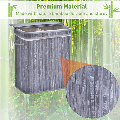 Wooden Laundry Basket w/ Split Compartment Lid Removable Lining Handles Air Holes Ventilation Durable Water-Resistant Clothes Storage Grey 100L