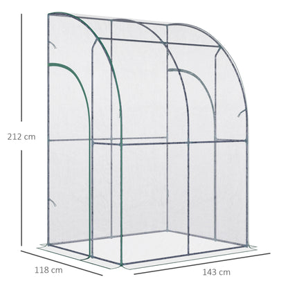 Outsunny Walk-In Greenhouse Lean to Wall Tunnel Greenhouse with Zippered Roll Up Door PVC Cover Sloping Top, 143 x 118 x 212 cm