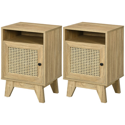 Bedside Table with Rattan Element, Side End Table with Shelf and Cupboard, 39cmx35cmx60cm, Natural