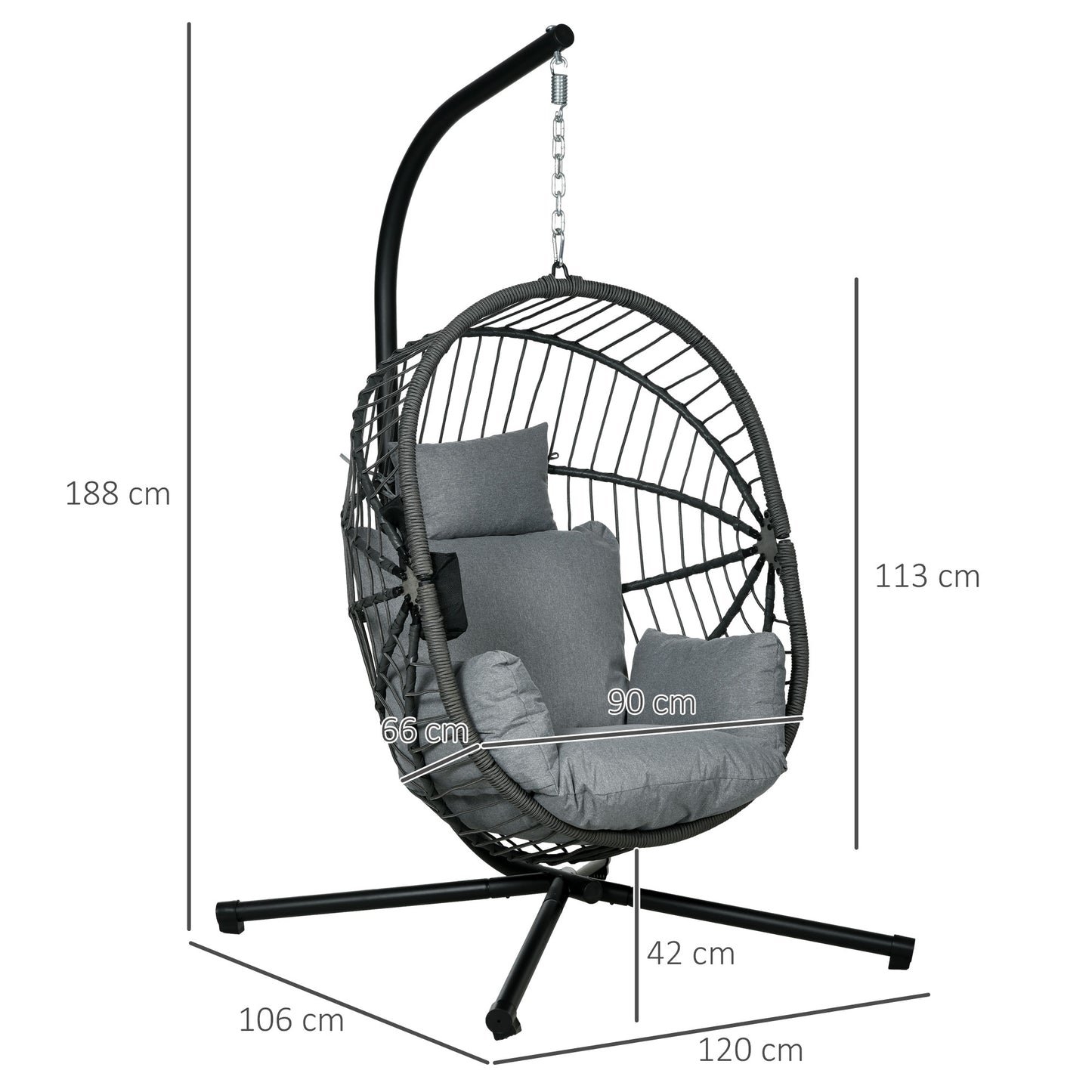 Outsunny Outdoor Patio Hanging Swing Chair, Thick Padded Cushion With Metal Stand, Foldable Basket For Indoor And Outdoor - Grey