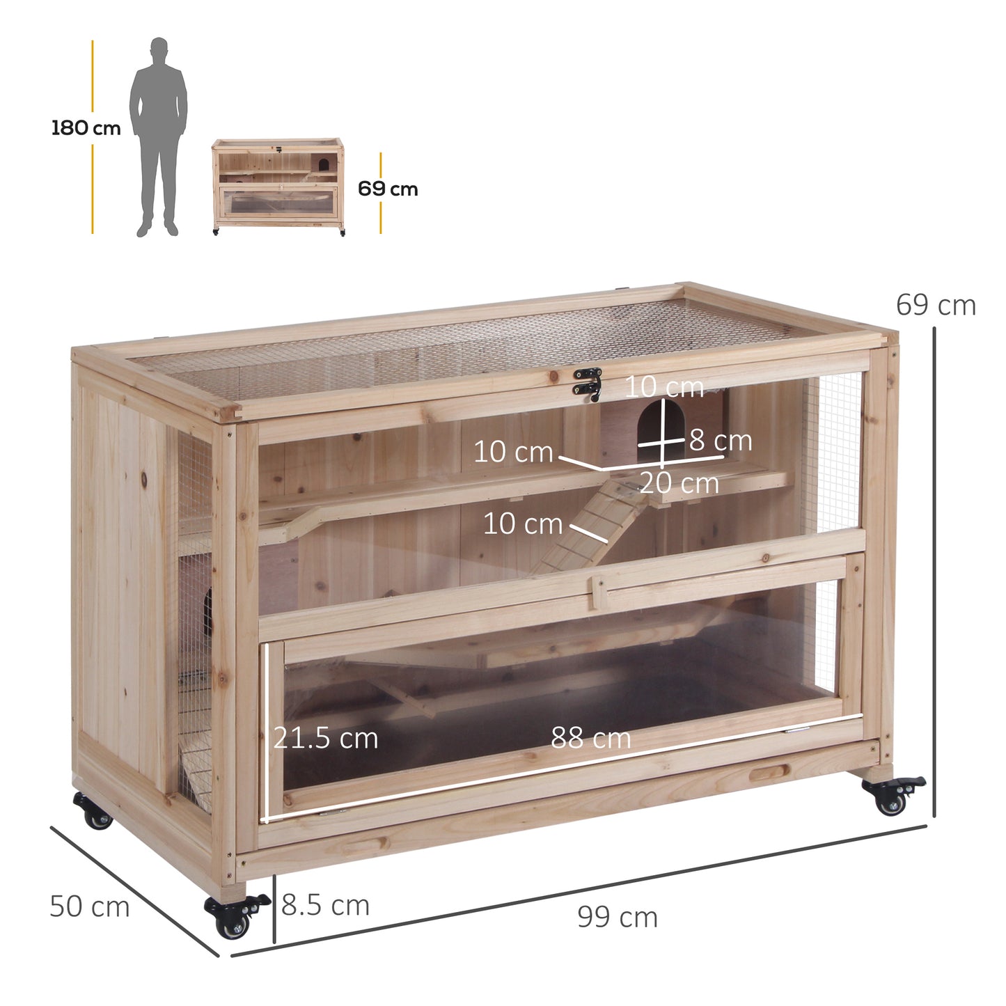 Wooden Hamster Cage, Mice Rodent Small Animals Kit Hutch, 3 Tiers Exercise Play House W/ Wheels, Bottom Tray, 99 x 50 x 69 cm, Natural Wood