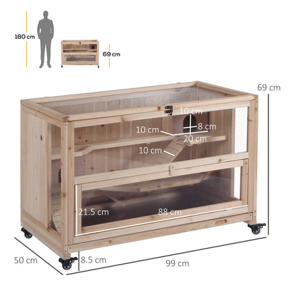 Wooden Hamster Cage, Mice Rodent Small Animals Kit Hutch, 3 Tiers Exercise Play House W/ Wheels, Bottom Tray, 99 x 50 x 69 cm, Natural Wood