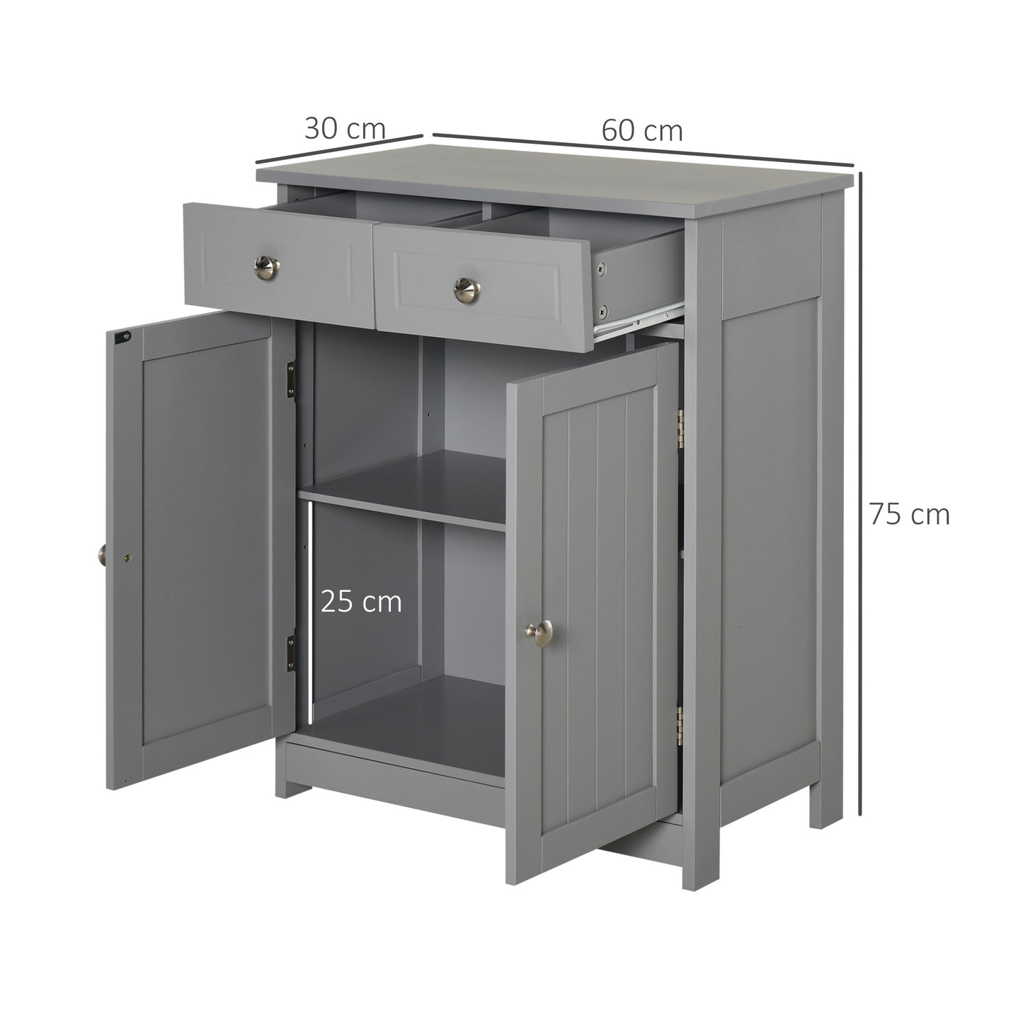 Kleankin Bathroom Storage Cabinet Free-Standing Bathroom Cabinet Unit w/ 2 Drawers Cupboard Adjustable Shelf Handles Traditional Style 75x60cm Grey