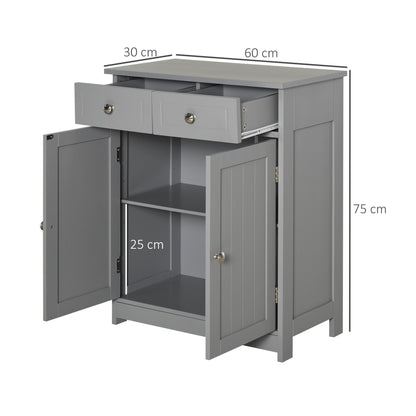 Kleankin Bathroom Storage Cabinet Free-Standing Bathroom Cabinet Unit w/ 2 Drawers Cupboard Adjustable Shelf Handles Traditional Style 75x60cm Grey