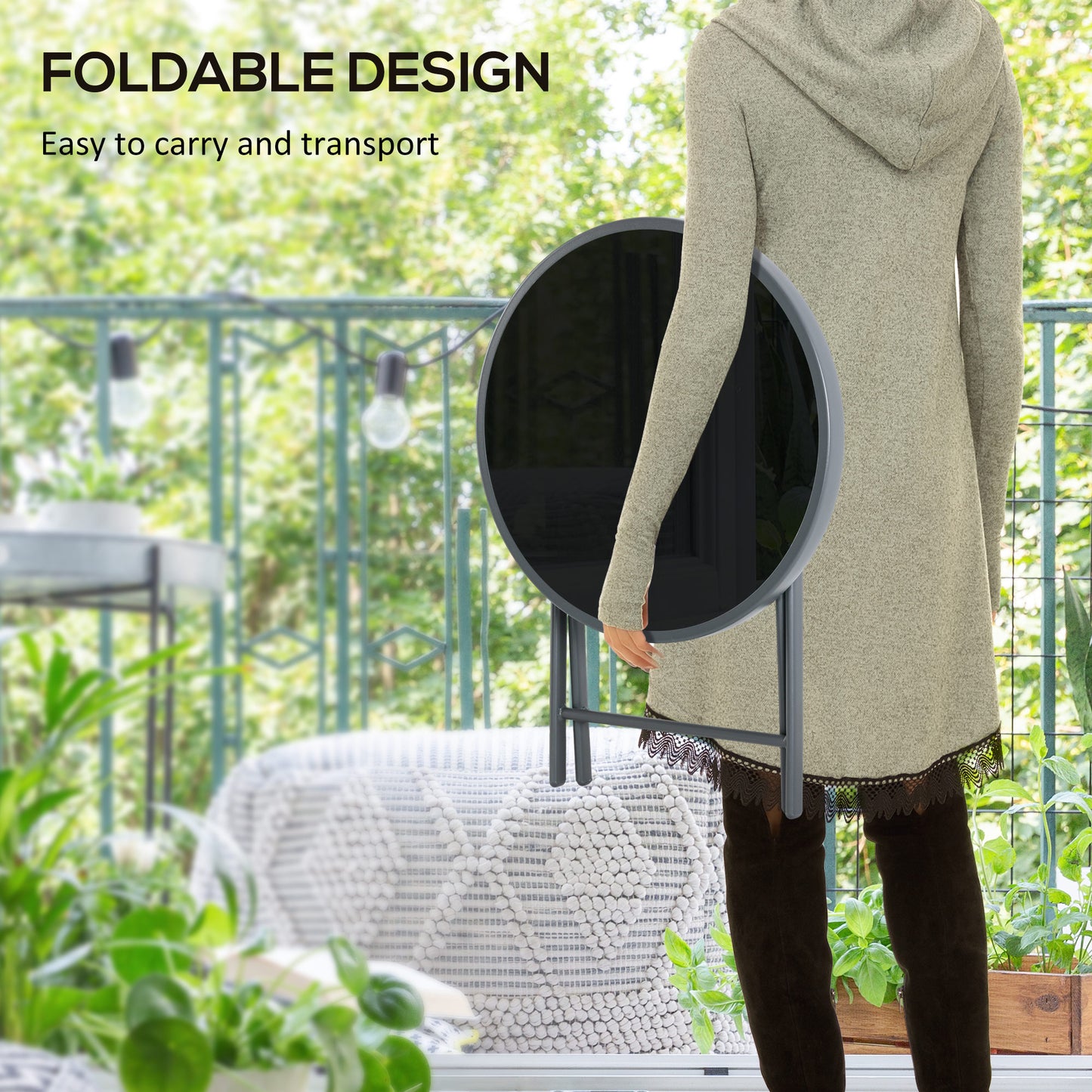 Outsunny Φ45cm Outdoor Side Table, Round Folding Patio Table with Imitation Marble Glass Top, Small Coffee Table