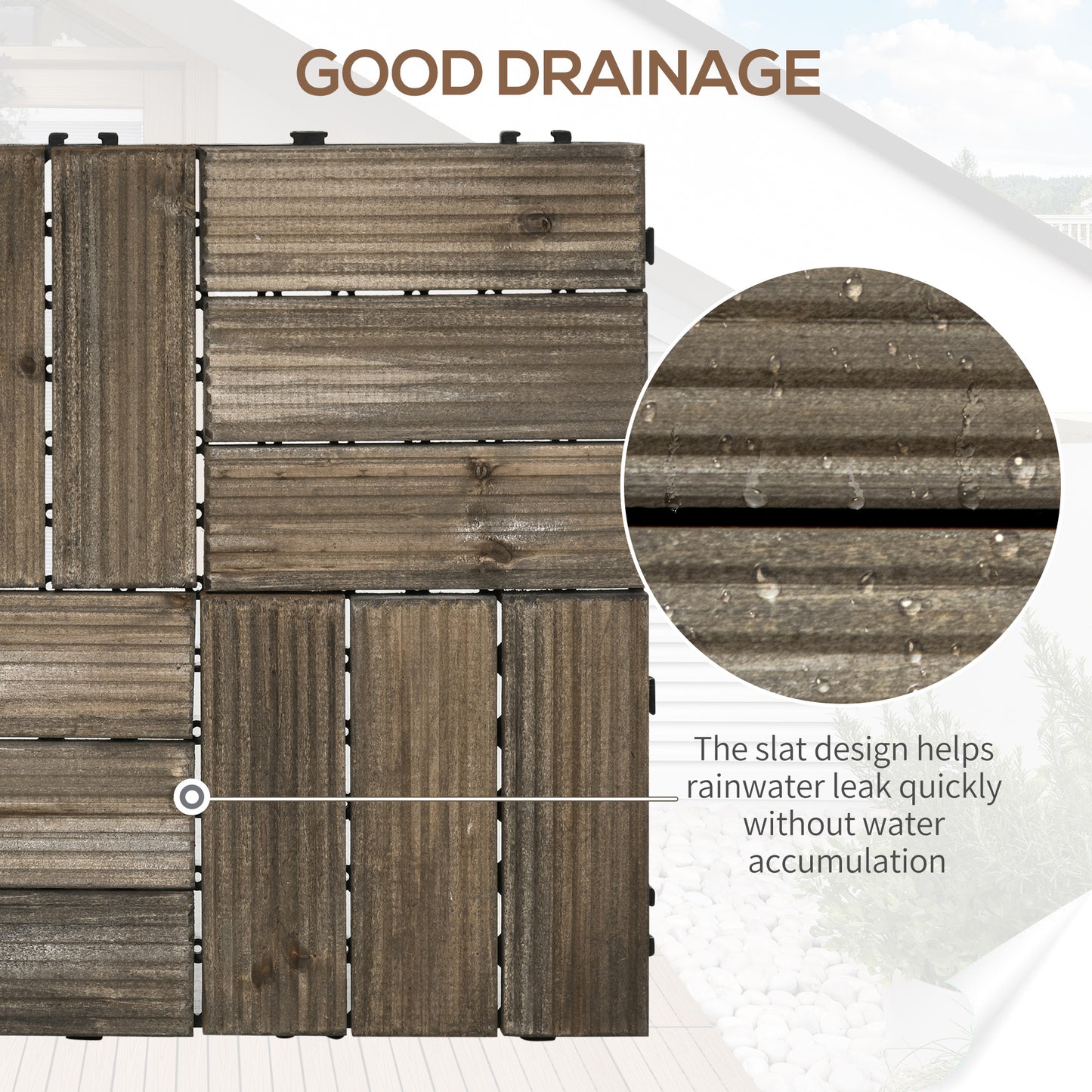 Outsunny 27 Pieces Wooden Interlocking Decking Tiles, Outdoor Flooring Tiles for Patio, Balcony, Terrace, Hot Tub, 30 x 30 cm per Piece, Charcoal Grey