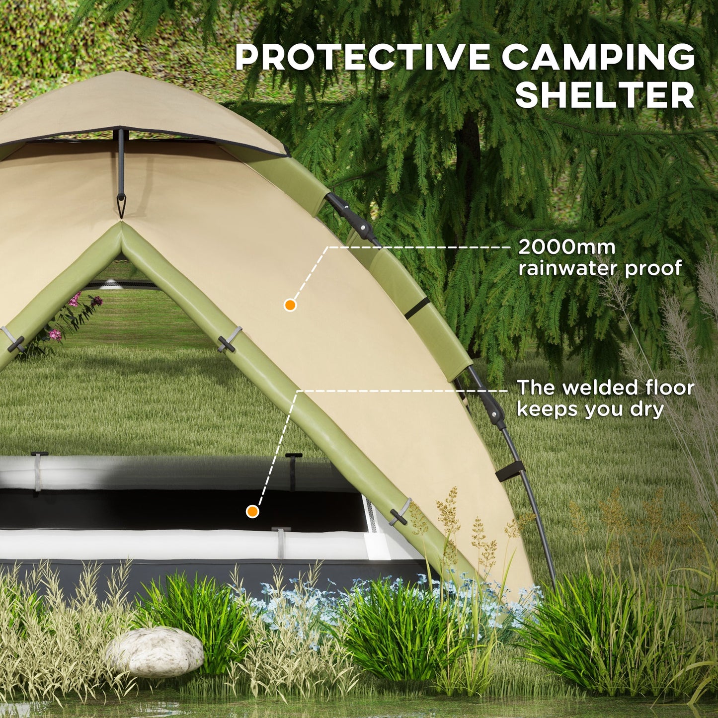Outsunny 3-4 Man Camping Tent, Family Tent, 2000mm Waterproof, Portable with Bag, Quick Setup, Dark Green
