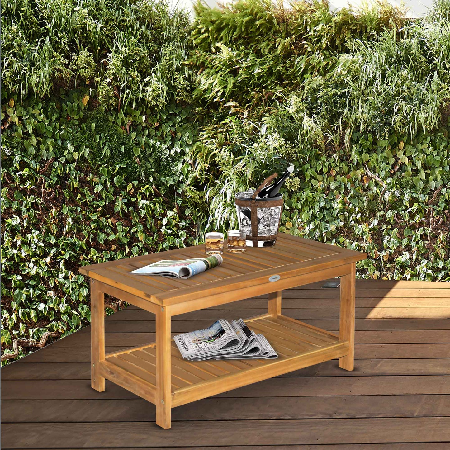 Outsunny 45 x 90cm Natural Acacia Wood Two-Tier Garden Table