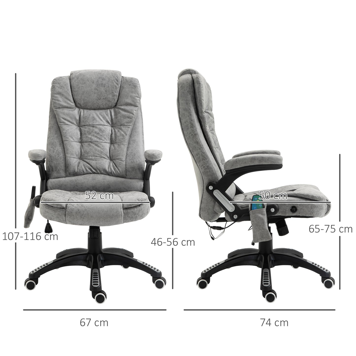 Heated Massage Recliner Office Chair | 6 Point Massage | Microfiber Cloth | High Back | Armrests | 130° Recline | 360° Swivel | Height Adjustable 107-116cm | 120kg | Grey