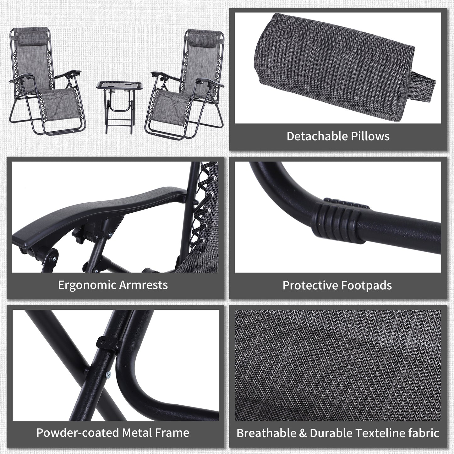 Outsunny 3 Piece Folding Zero Gravity Chairs Sun Lounger Table Set w/ Cup Holders Reclining Garden Yard Pool, Light Grey