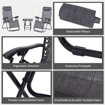 Outsunny 3 Piece Folding Zero Gravity Chairs Sun Lounger Table Set w/ Cup Holders Reclining Garden Yard Pool, Light Grey