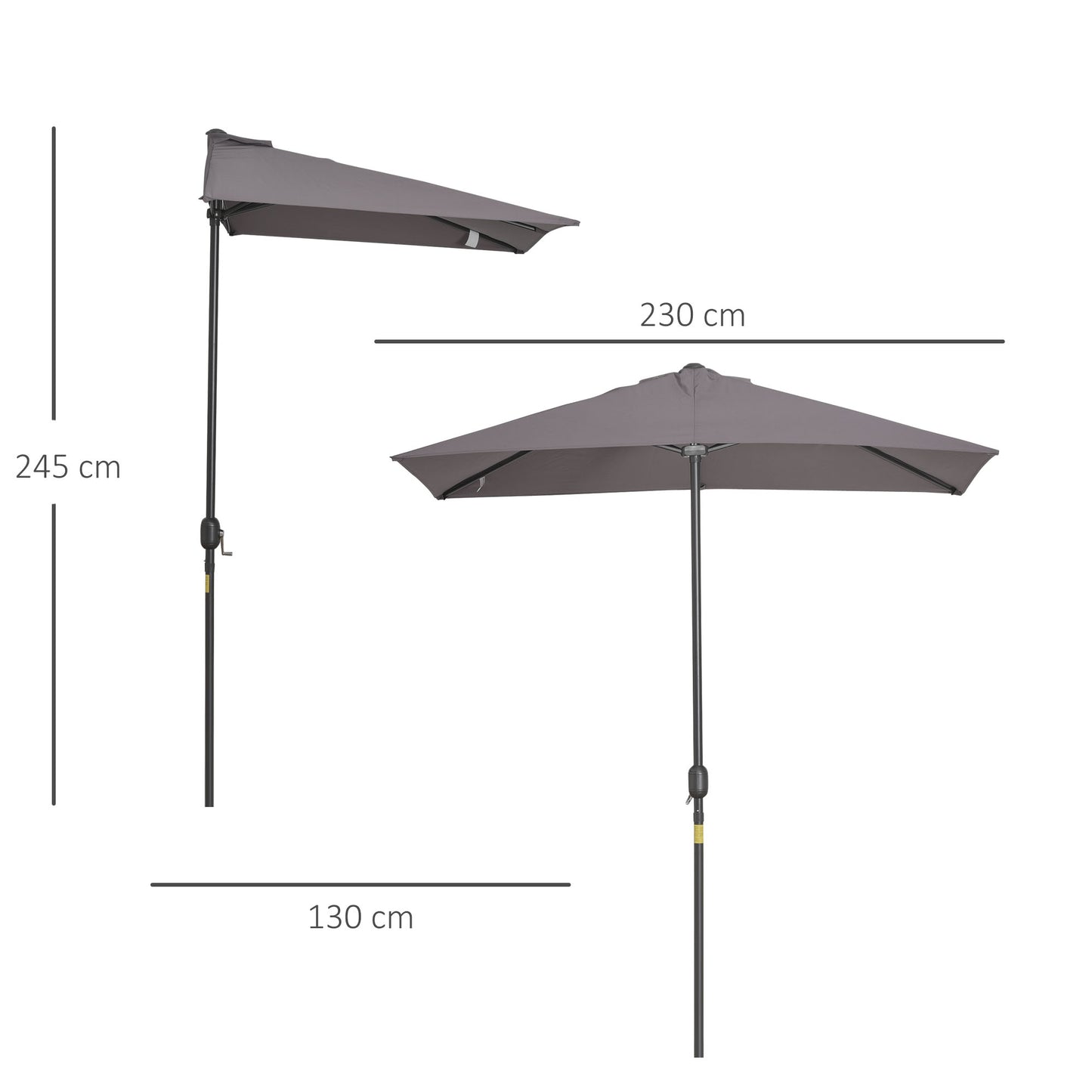 Outsunny Balcony Half Parasol Semi Round Umbrella Patio Crank Handle (2.3m, Grey)- NO BASE INCLUDED