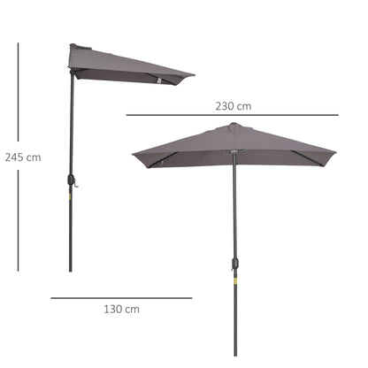 Outsunny Balcony Half Parasol Semi Round Umbrella Patio Crank Handle (2.3m, Grey)- NO BASE INCLUDED