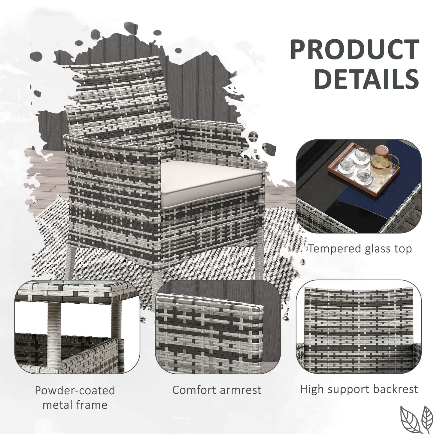 Outdoor Dining Set 5 Pieces Patio Conservatory with Tempered Glass Tabletop, 4 Dining Armchairs - Grey