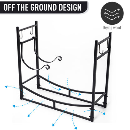 Outsunny Firewood Stand Log Rack Holder 84cm with 4-PC Fireplace Tools Set, Indoor Outdoor, Metal, Black