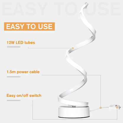 Modern Wave-Shaped LED Table Lamp with Round Metal Base for Living Room, Bedroom, Study, Dining Room, Office, Cool White 6000K, White
