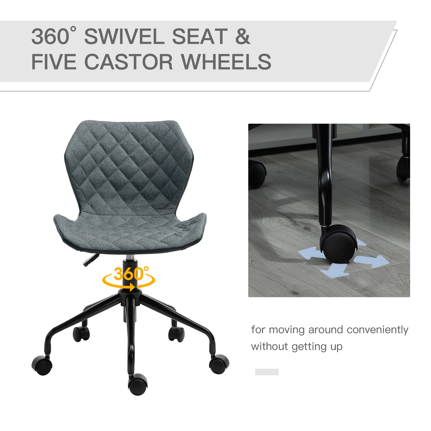 Swivel Chair, Home Office Computer Desk Chair With Nylon Wheels Adjustable Height Linen Grey